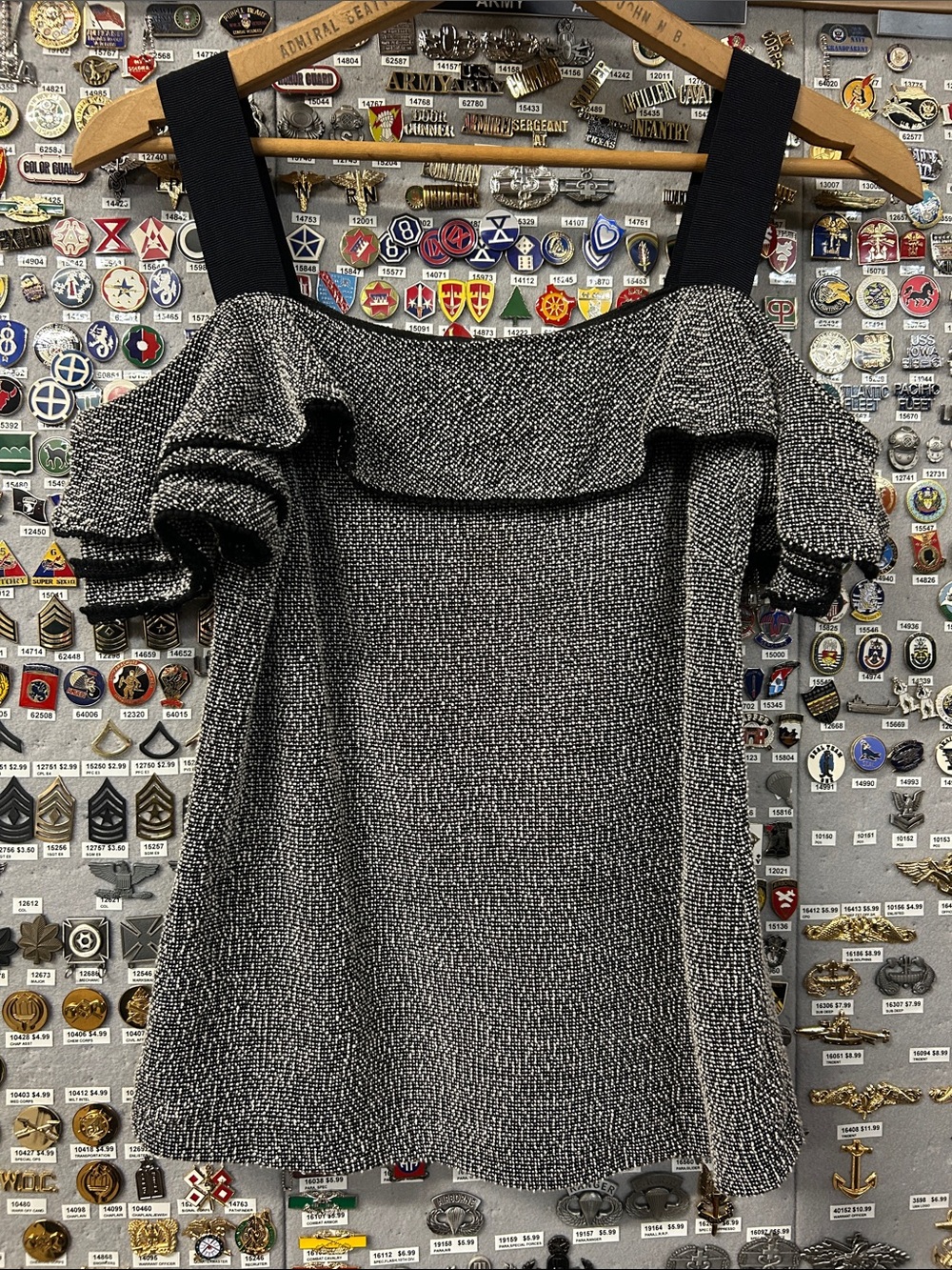 Banana Republic Black and White Cold Shoulder Ruffle Boucle Sweater Top